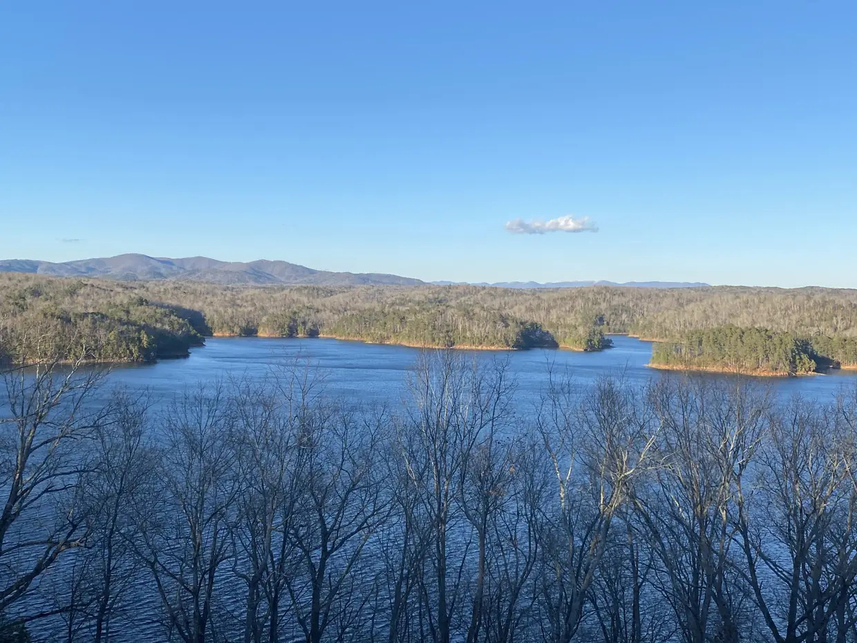A wide blue lake winding between wooded points and islands, seen through bare winter branches, with a mountain ridge on the horizon under a clear blue sky.